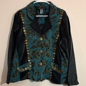 Alex Kim Elegant Teal and Navy Embroidered Jacket gold button super soft